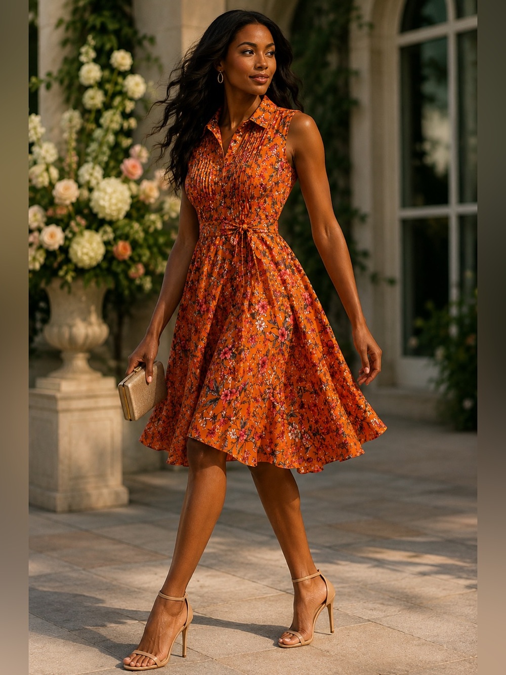 Nanette Lepore Orange Floral Pintuck Midi Autumn Wedding Guest Dress – Size 10 - Picture 1 of 16